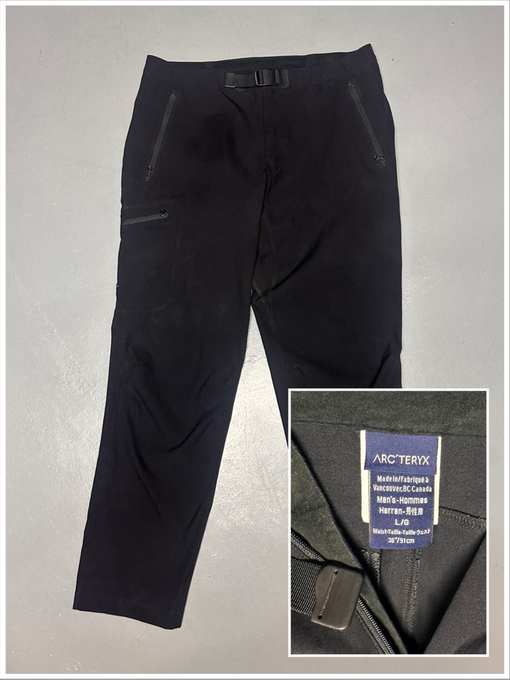 Arc’teryx Vintage Belted Articulated Knee Black Technical Stretch Pant Pockets